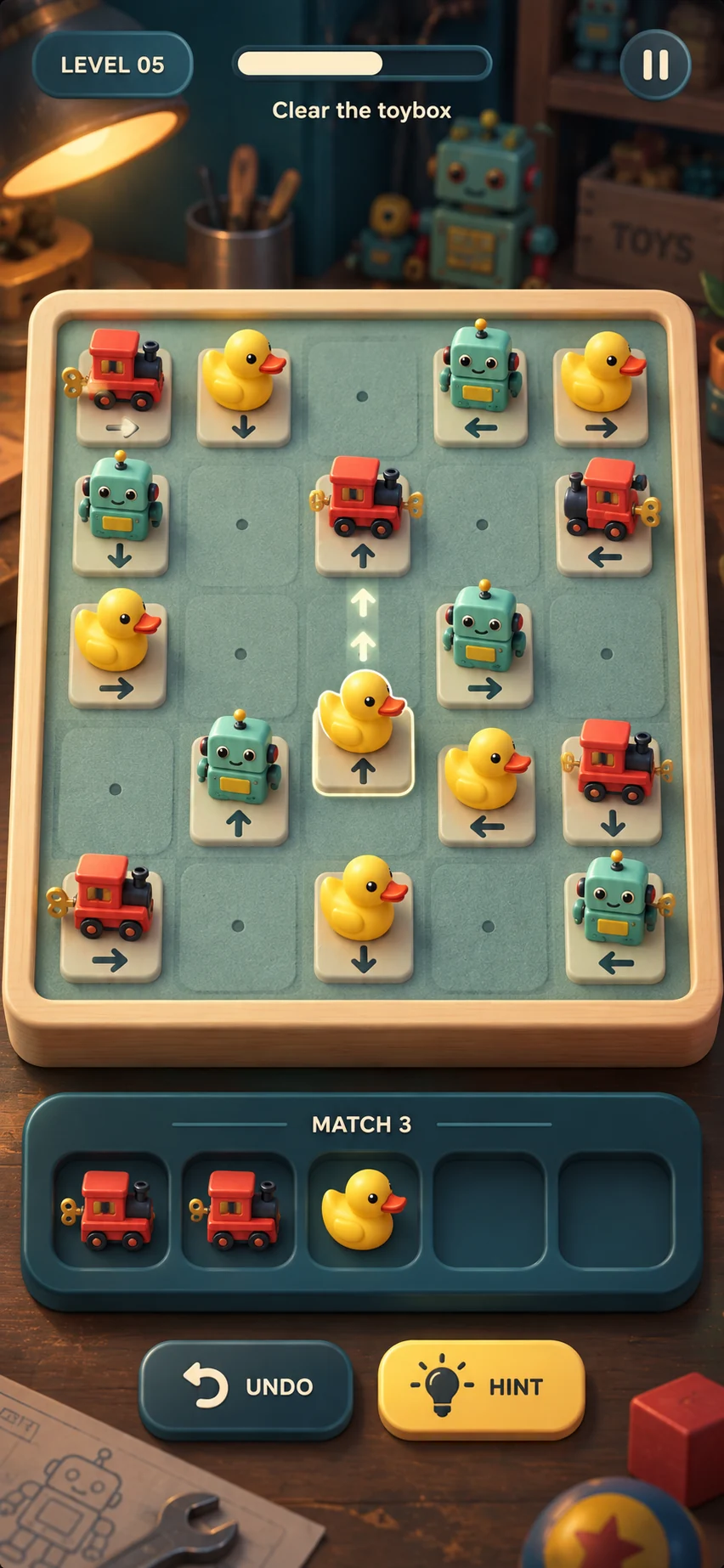 Portrait concept mockup of Toybox Tangle showing directional train, duck, and robot pieces above a five-slot matching tray.