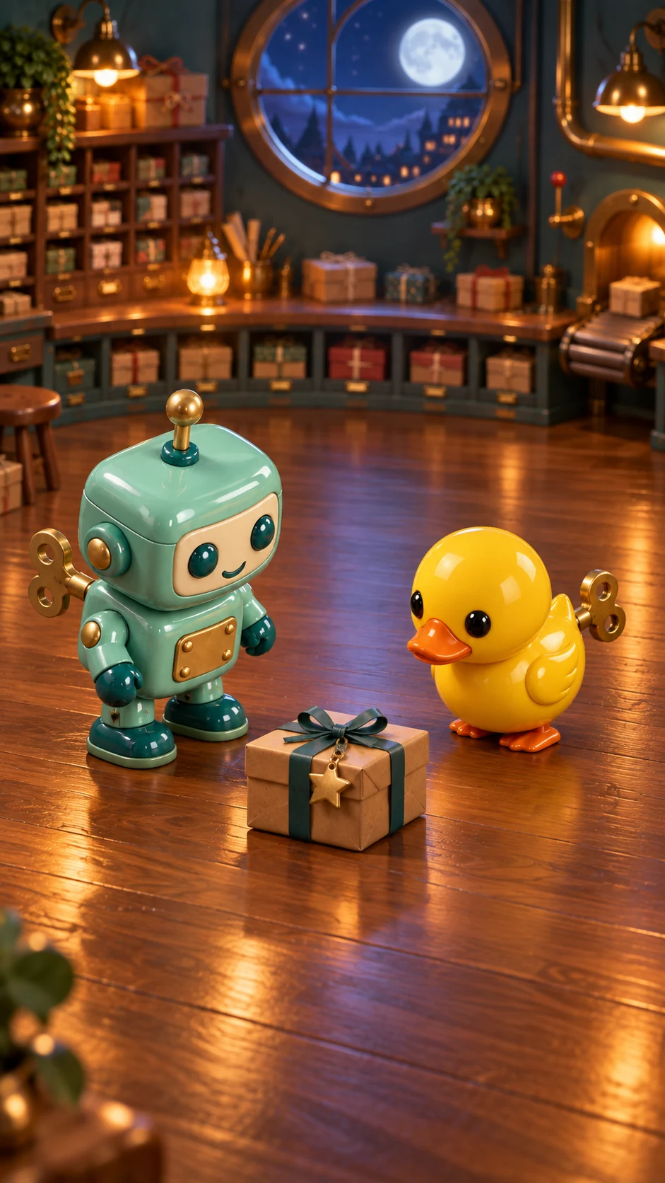 Concept art of a wind-up robot and a toy duck beside a mysterious parcel in a warmly lit miniature workshop.